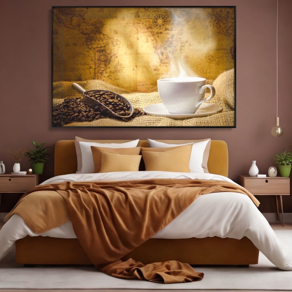 Tablou canvas cu ceasca de cafea cu boabe pe sac de iuta, in rama de aluminiu negru, pe perete intr-un dormitor